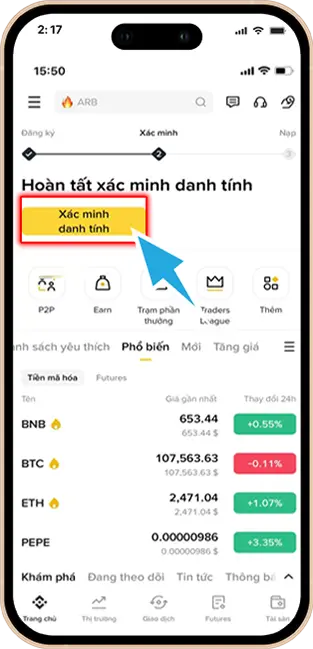 Bước 1: Đăng nhập Tài khoản Binance » Chọn mục Xác minh danh tính. 